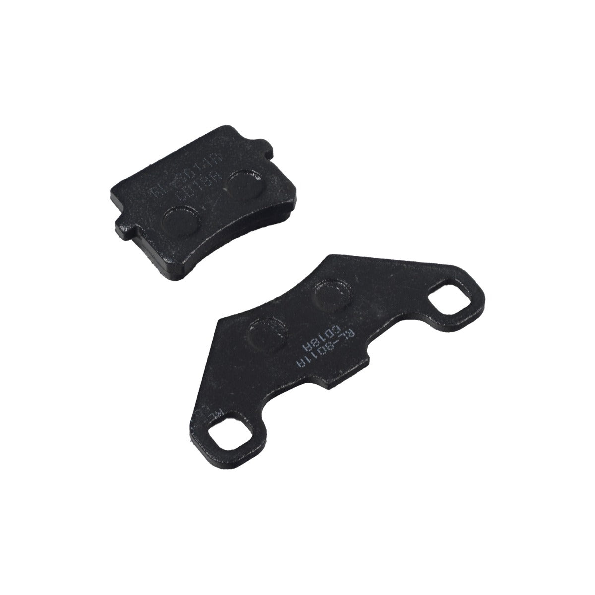 Front Brake Pads for the Coleman AT200-B ATV: Close-up view of two black, asymmetric brake pads with multiple holes, designed to fit the front caliper of an ATV or go-kart.