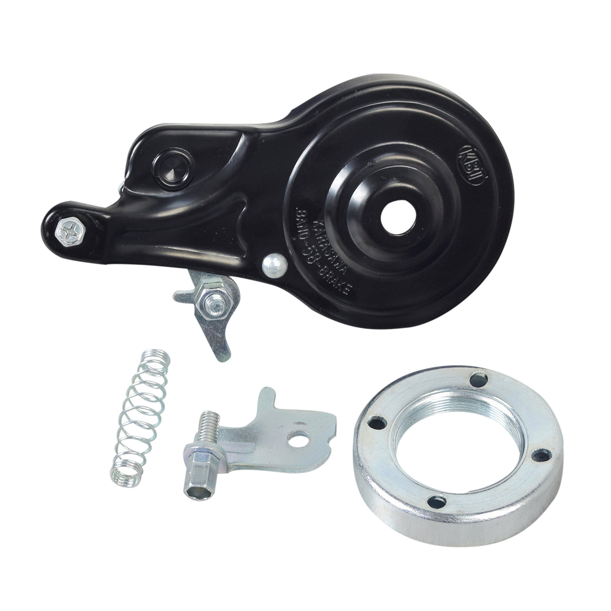 58 mm Band Brake Assembly for the Rollplay Nighthawk, featuring a black enameled body with a visible screw, nut, and metal spring. Note: Rotor and brake cable are not included.