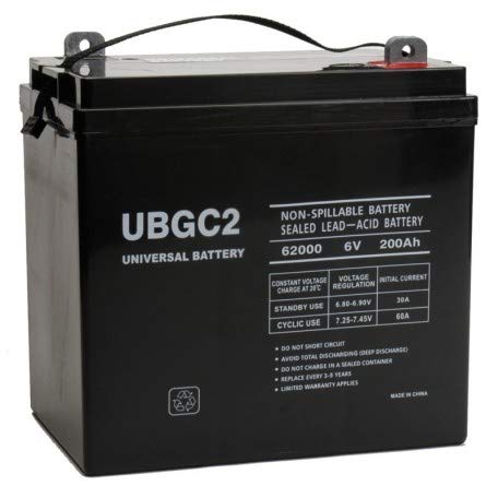 6 Volt 200 Ah UB-GC2 AGM Golf Cart Battery featuring a black body with white text and a black strap, designed for high capacity and maintenance-free performance.