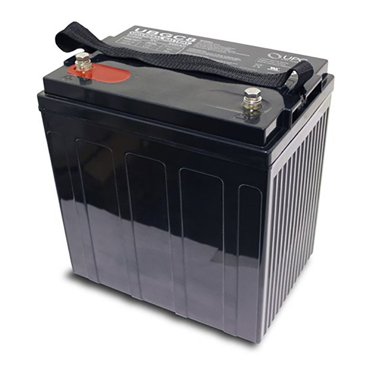 8 Volt 190 Ah UB-GC8 AGM Golf Cart Battery with black strap and screw terminals, designed for steady electric current and maintenance-free use in golf carts.