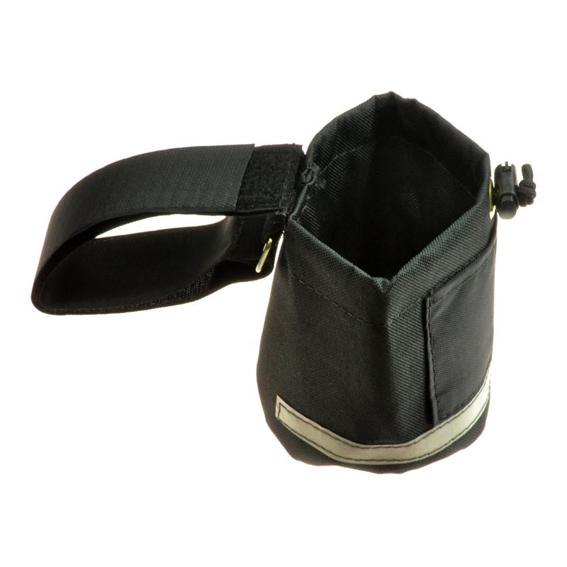 Unbreakable Cup Holder for Wheelchairs, Mobility Scooters, & Power Chairs: A durable black fabric pouch with a strap, designed to securely hold cups on various armrest styles.