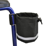 Unbreakable Cup Holder for Wheelchairs, Mobility Scooters, & Power Chairs: A black nylon fabric cup holder with a white stripe, designed to mount on blue frame armrests or tubing for secure drink placement.