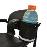 Unbreakable Cup Holder for Wheelchairs, Mobility Scooters, & Power Chairs: A bottle of water in a durable, black fabric cup holder on a chair, showcasing its sturdy and water-resistant design.