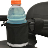 Unbreakable Cup Holder for Wheelchairs, Mobility Scooters, & Power Chairs shown mounted on a bicycle handlebar, securely holding a blue water bottle in its durable black nylon fabric holder.