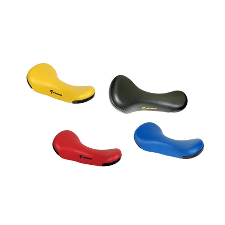 Unicycle Saddle Seat by Sunlite displayed among colorful bicycle saddles, featuring a close-up of its ergonomic design with black handles. Ideal for various scooters and bikes.