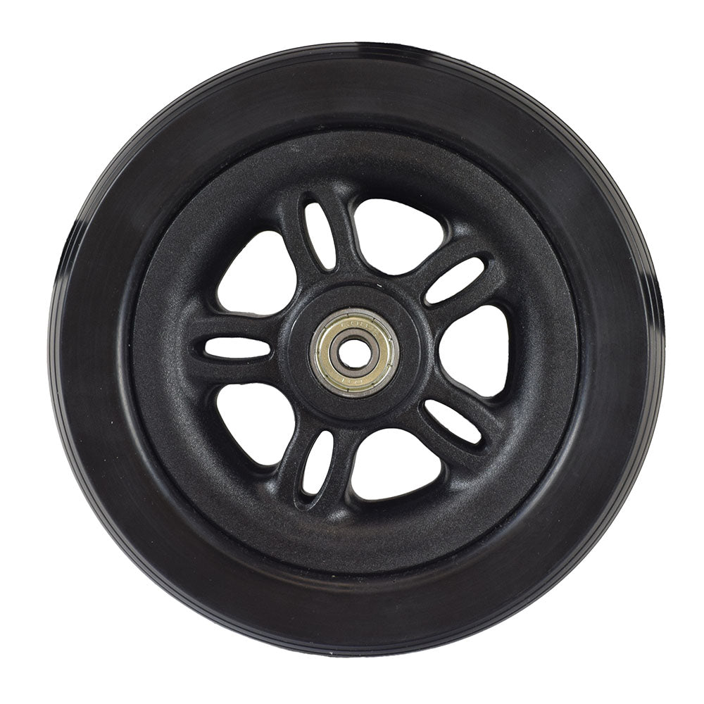 Universal 6 Polyurethane Caster Wheel with 608ZZ Bearings featuring a black tire, plastic rim, and metal center. Commonly found on newer model power chairs from Jazzy, Merits, Pride, and TSS.