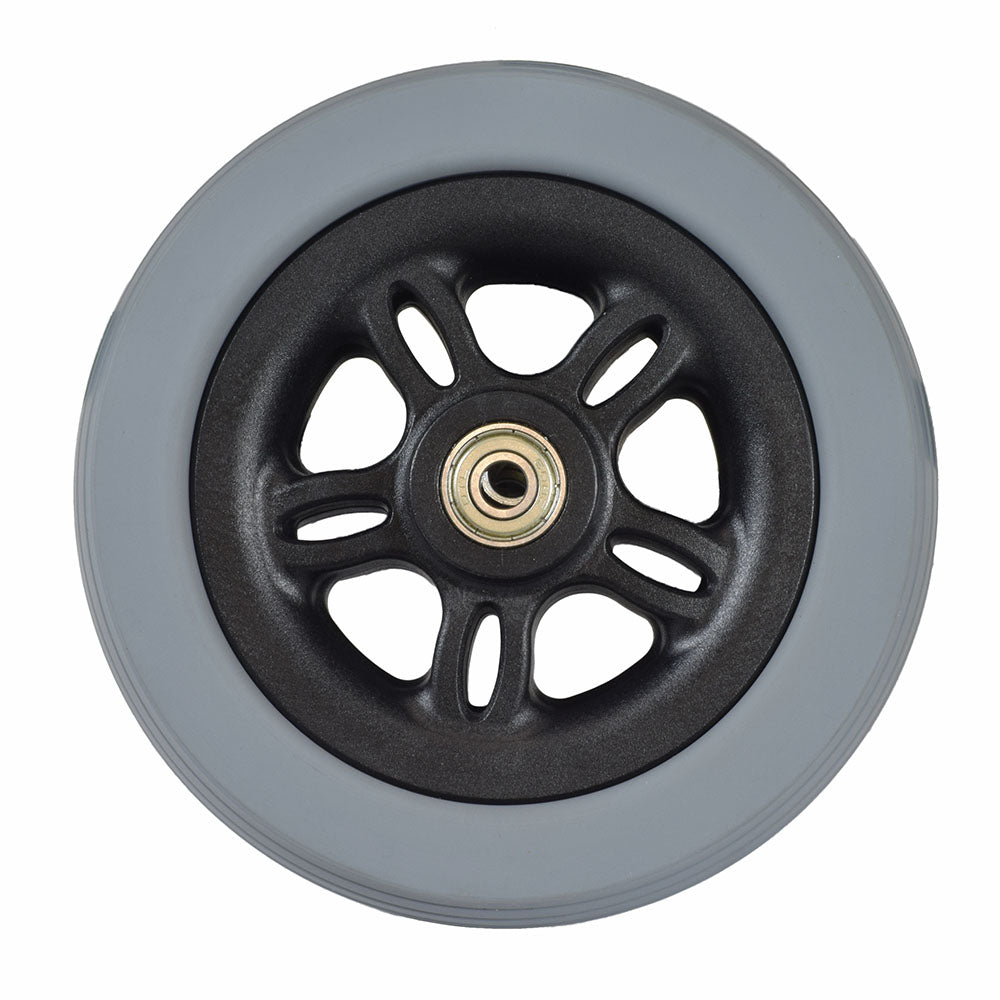 Universal 6 Polyurethane Caster Wheel with 608ZZ Bearings featuring a black plastic rim and synthetic rubber tire, commonly used in newer model power chairs for brands like Jazzy, Merits, Pride, and TSS.