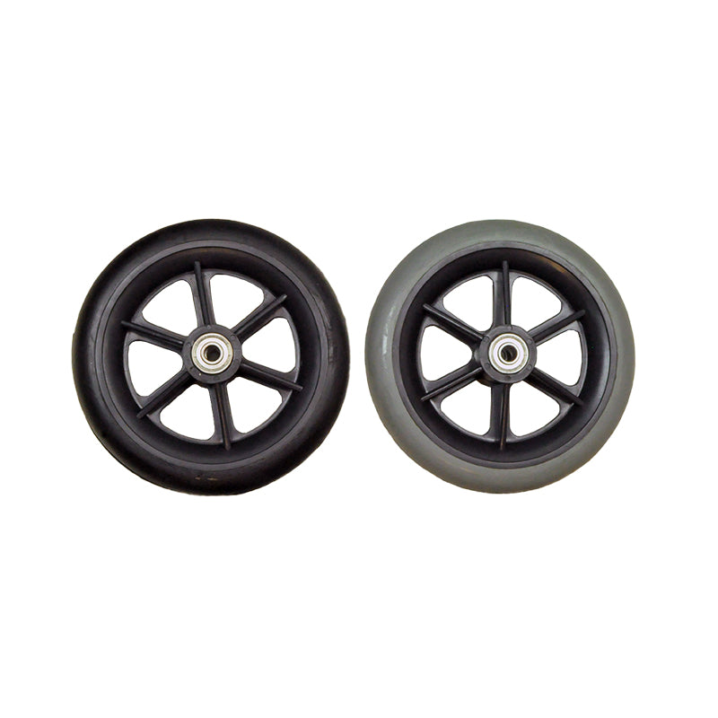 Universal 6 Wheelchair Caster Wheel with 608ZZ Bearings, featuring a black rim and metal spokes, designed for durability and affordability, ideal for mobility use.