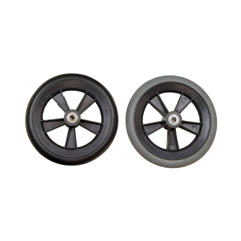 Universal 7 Wheelchair Caster Wheel with 608ZZ Bearings, featuring a close-up of a black wheel with a metal center and a black rim, ideal for mobility aids.