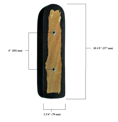 Black Vinyl Armrest for Mobility Scooters close-up, showcasing the wood base on a black surface, with rounded front and straight rear end, designed to replace or upgrade missing or damaged scooter armrests.