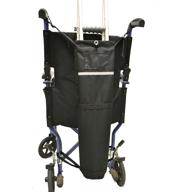 Universal Crutch Holder for Wheelchairs attached behind push-handles, featuring a hook and loop strap for securing crutches. Made from durable, soft, water-resistant polyester, fits most wheelchairs.