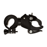 Universal Multi-Function Handlebar Mount Clamp: a black plastic clamp with screws, adjustable at various angles. It’s designed to securely attach items like flashlights to handlebars or tubular frames.