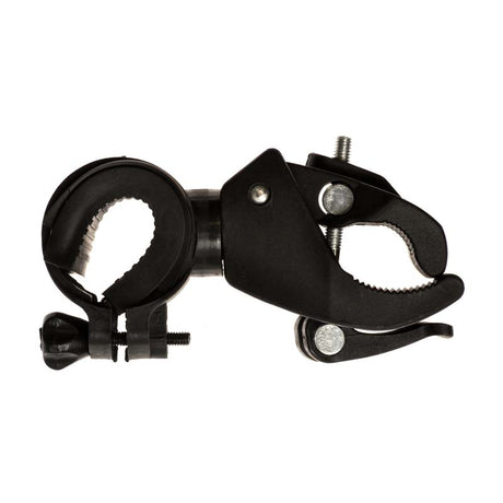 Universal Multi-Function Handlebar Mount Clamp: a black plastic clamp with screws, adjustable at various angles. It’s designed to securely attach items like flashlights to handlebars or tubular frames.