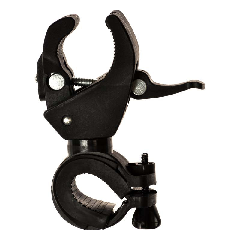 Universal Multi-Function Handlebar Mount Clamp, a black plastic clamp with screws, designed for adjustable mounting on handlebars, tillers, or tubular frames. Includes rubber inserts for a secure fit.