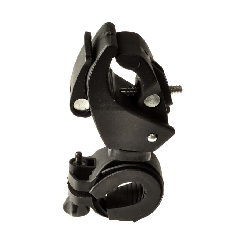 Universal Multi-Function Handlebar Mount Clamp, a black plastic bike rack with adjustable clamps and screws, ideal for mounting accessories like flashlights to handlebars, tillers, or tubular frames.