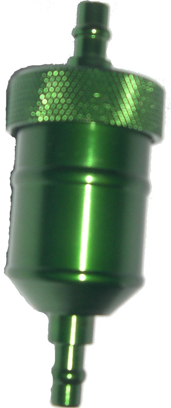 Universal In-Line Aluminum Fuel Filter - Green, featuring a cylindrical shape with a secure lid, ideal for scooters, ATVs, motorcycles, and more.