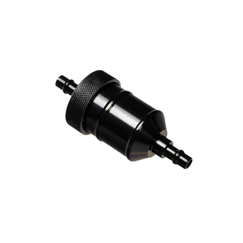 Aluminum Universal Inline Fuel Filter with a black metal body and handle, ideal for various vehicles like motor scooters, ATVs, dirt bikes, and more, ensuring optimal fuel filtration.