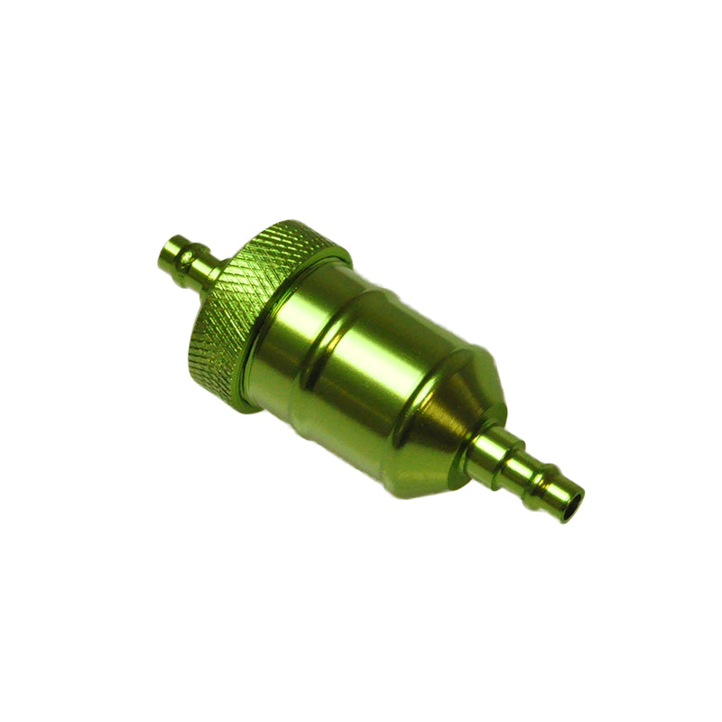 Aluminum Universal Inline Fuel Filter, a green metal object with a nozzle and screw, designed for various vehicles like scooters, ATVs, and motorcycles.