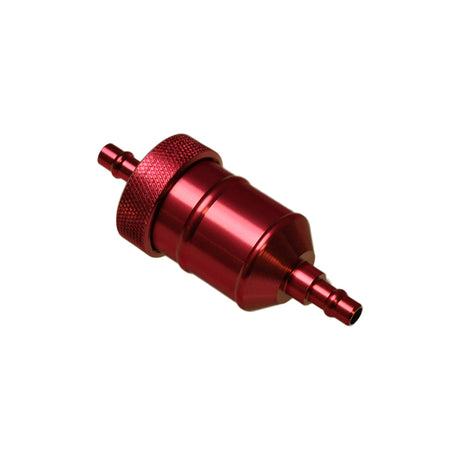 Aluminum Universal Inline Fuel Filter, a compact, red metal cylinder with a nozzle, designed for various vehicles like motor scooters, ATVs, and motorcycles.