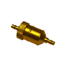 Aluminum Universal Inline Fuel Filter, a gold anodized metal cylinder with a visible screw, designed for use in motor scooters, ATVs, dirt bikes, motorcycles, and more.