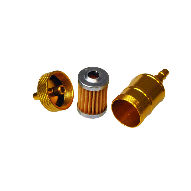 Aluminum Universal Inline Fuel Filter displayed with a group of gold and silver filters, highlighting its cylindrical shape and metal construction, suitable for various motor vehicles like scooters, ATVs, and go-karts.