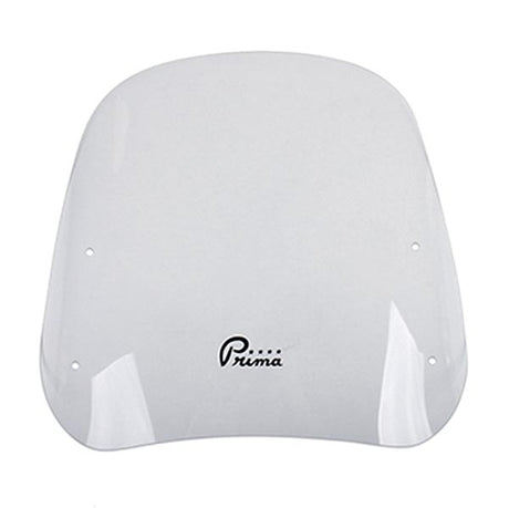 Universal Mirror Mount Scooter Windshield from Prima, featuring a white plastic windshield with black text, a medium size of 17 x 14, and a secure handlebar mount via existing mirror mounts.