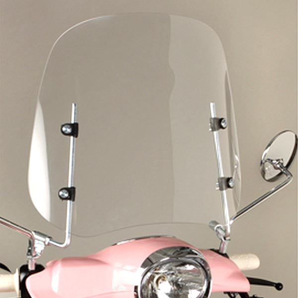 Universal Mirror Mount Scooter Windshield shown mounted on a pink motorcycle, featuring a clear windshield secured by handlebar mirror mounts.