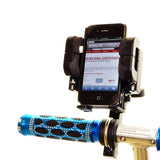 Universal Grip Handlebar Mount Smartphone Holder for Bikes & Scooters shown mounted on a scooter handlebar, securely holding a cell phone with its adjustable wings and protective foam padding.