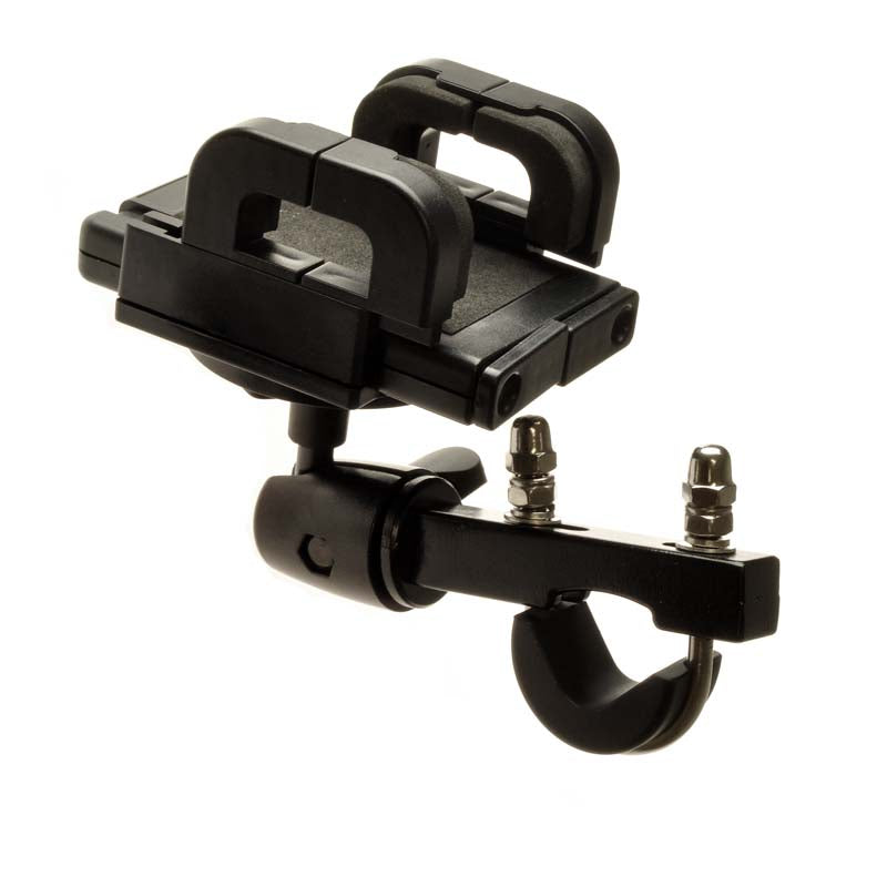 Universal Grip Handlebar Mount Smartphone Holder for Bikes & Scooters, featuring a black device with adjustable metal parts and a secure clip for mounting various electronics on handlebars.