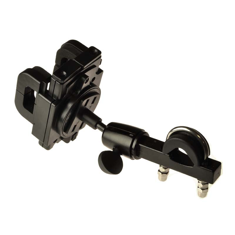 Universal Grip Handlebar Mount Smartphone Holder for Bikes & Scooters, black, with adjustable clamp and metal rod, designed to securely hold various electronic devices on handlebars or armrest brackets.