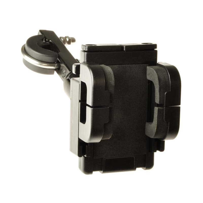 Universal Grip Handlebar Mount Smartphone Holder for Bikes & Scooters: Close-up of a black adjustable holder with a sturdy clamp, designed to securely attach electronic devices to handlebars or tubular frames.