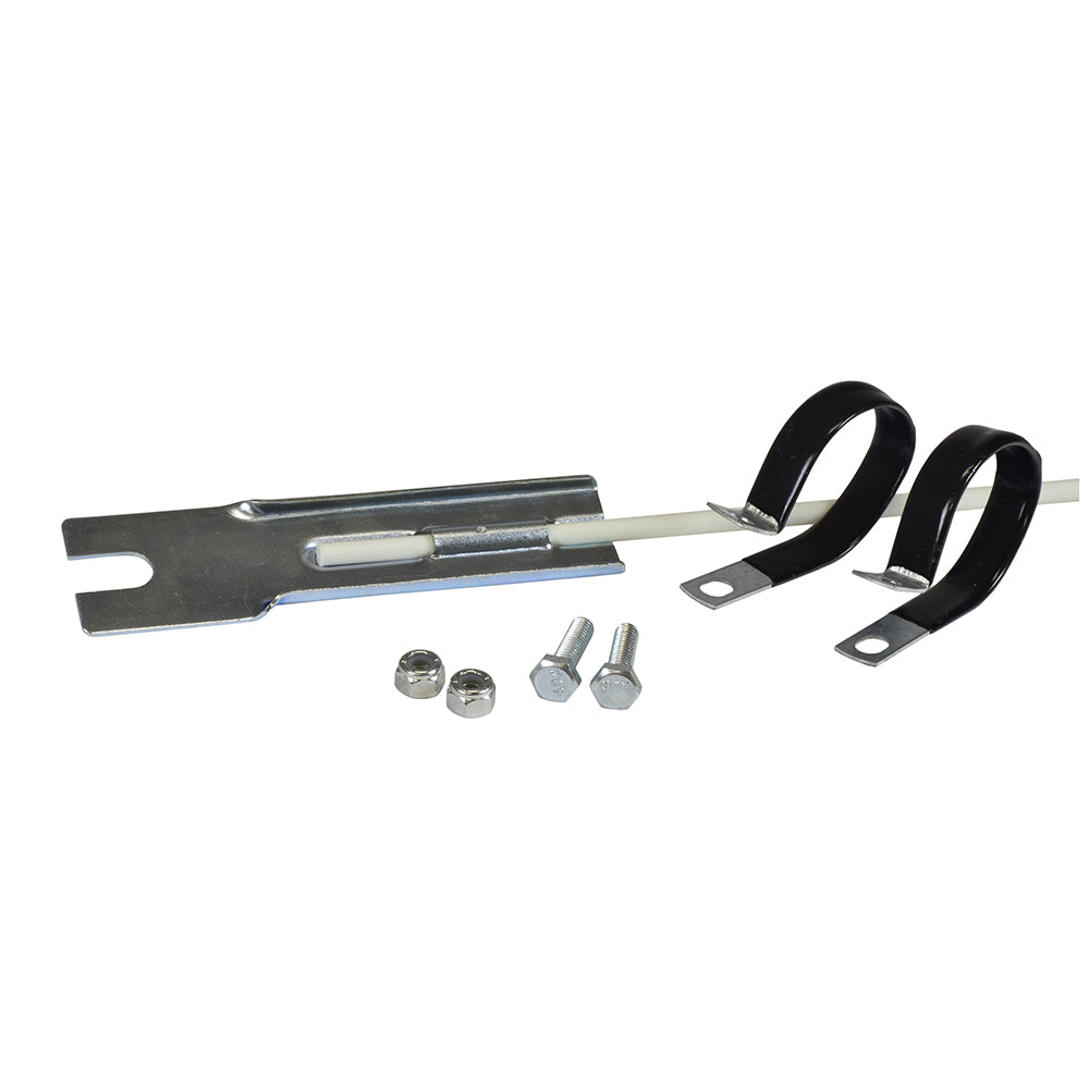 Universal Safety Flag Kit with Mounting Hardware for Scooters & Power Chairs; features a metal base with black straps, screws, a screwdriver, and a triangular safety orange pennant for visibility.