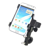 Universal Grip Tablet Holder for Bikes & Scooters, securely holding a smartphone on a tripod-like holder, showcasing its adjustable jaws and protective pad designed for diverse mobile devices.