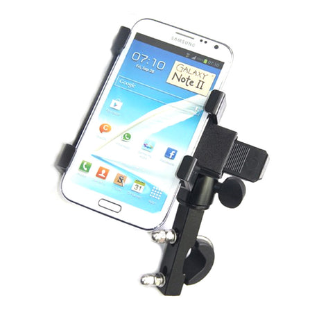 Universal Grip Tablet Holder for Bikes & Scooters, securely holding a smartphone on a tripod-like holder, showcasing its adjustable jaws and protective pad designed for diverse mobile devices.