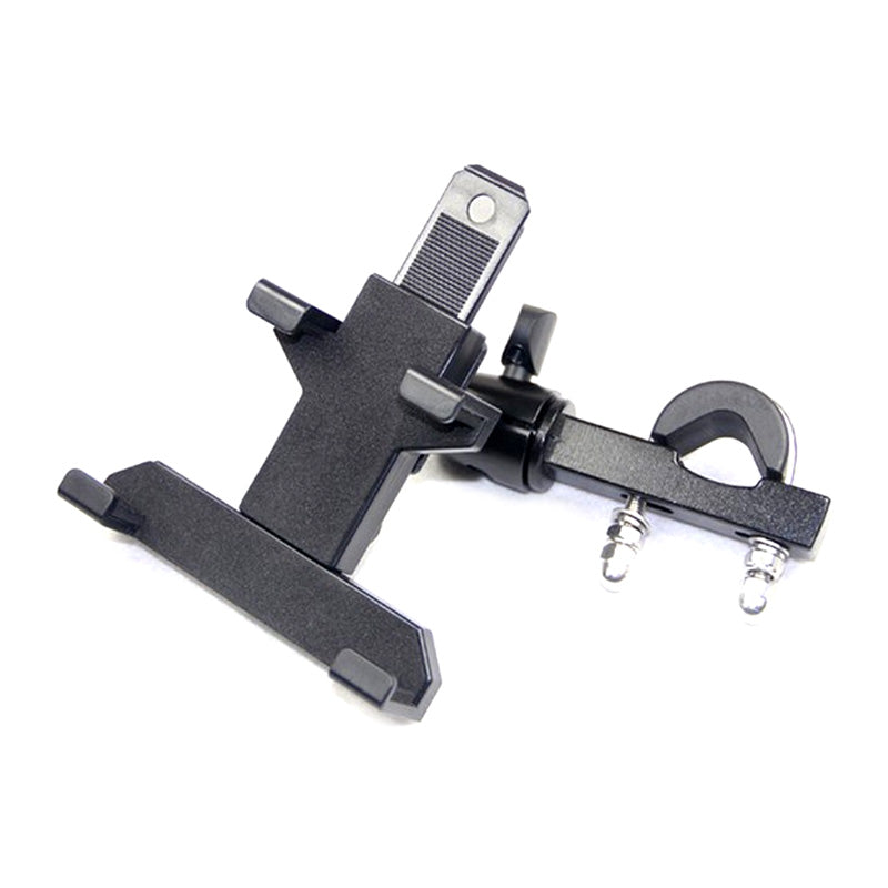 Universal Grip Tablet Holder for Bikes & Scooters, a black device with a metal clip, features adjustable jaws for secure mounting on 7/8 handlebars, ideal for tablets and e-readers.