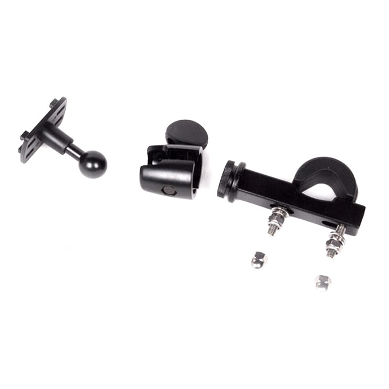 Universal Grip Tablet Holder for Bikes & Scooters, a black plastic object with a ball joint and screws, designed to securely grip and mount tablets on handlebars of bikes, scooters, and other vehicles.