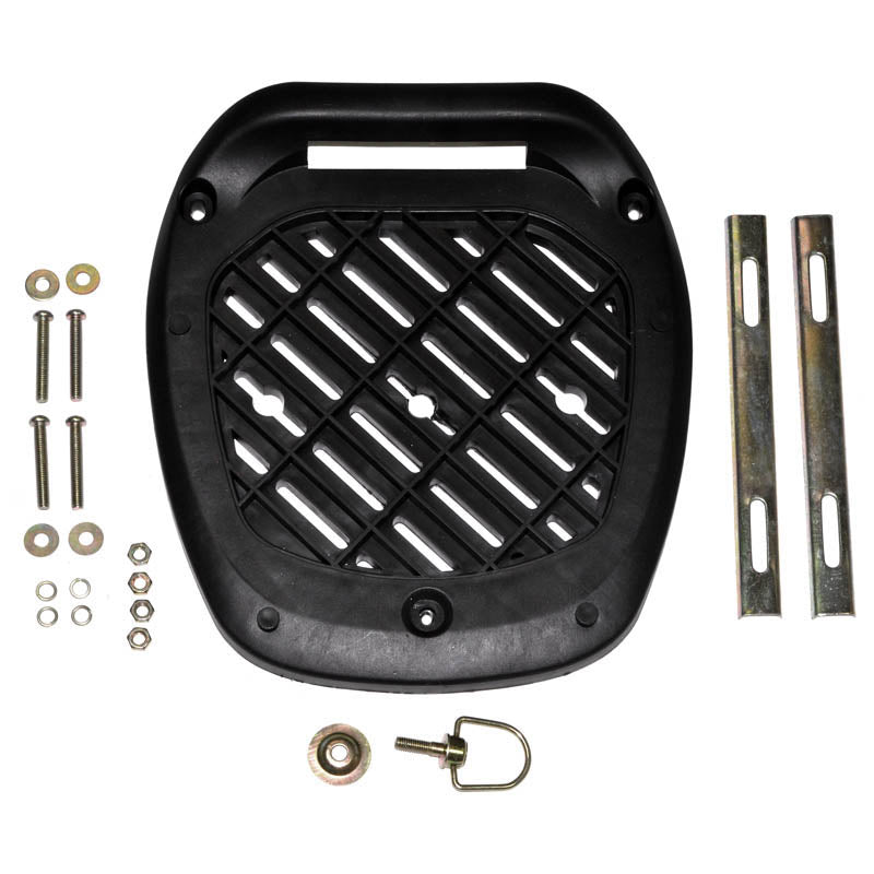 Universal Top Case Scooter Trunk: A black plastic cover with holes, featuring screws and bolts, designed for secure storage on scooters with a rear rack.