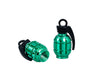 Grenade Valve Stem Cap Set (Set of 2): Two green, grenade-shaped valve stem caps with black handles, designed to fit over Schrader valves on bikes or scooters, featuring a knurled texture for easy grip.