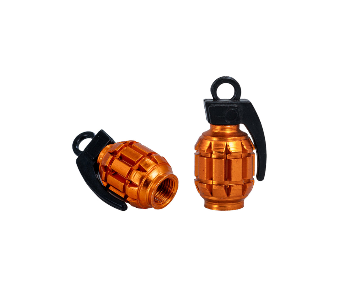 Grenade Valve Stem Cap Set (Set of 2) featuring orange grenade-shaped caps with a black handle, designed to fit over Schrader valves, adding a unique touch to bikes or scooters.