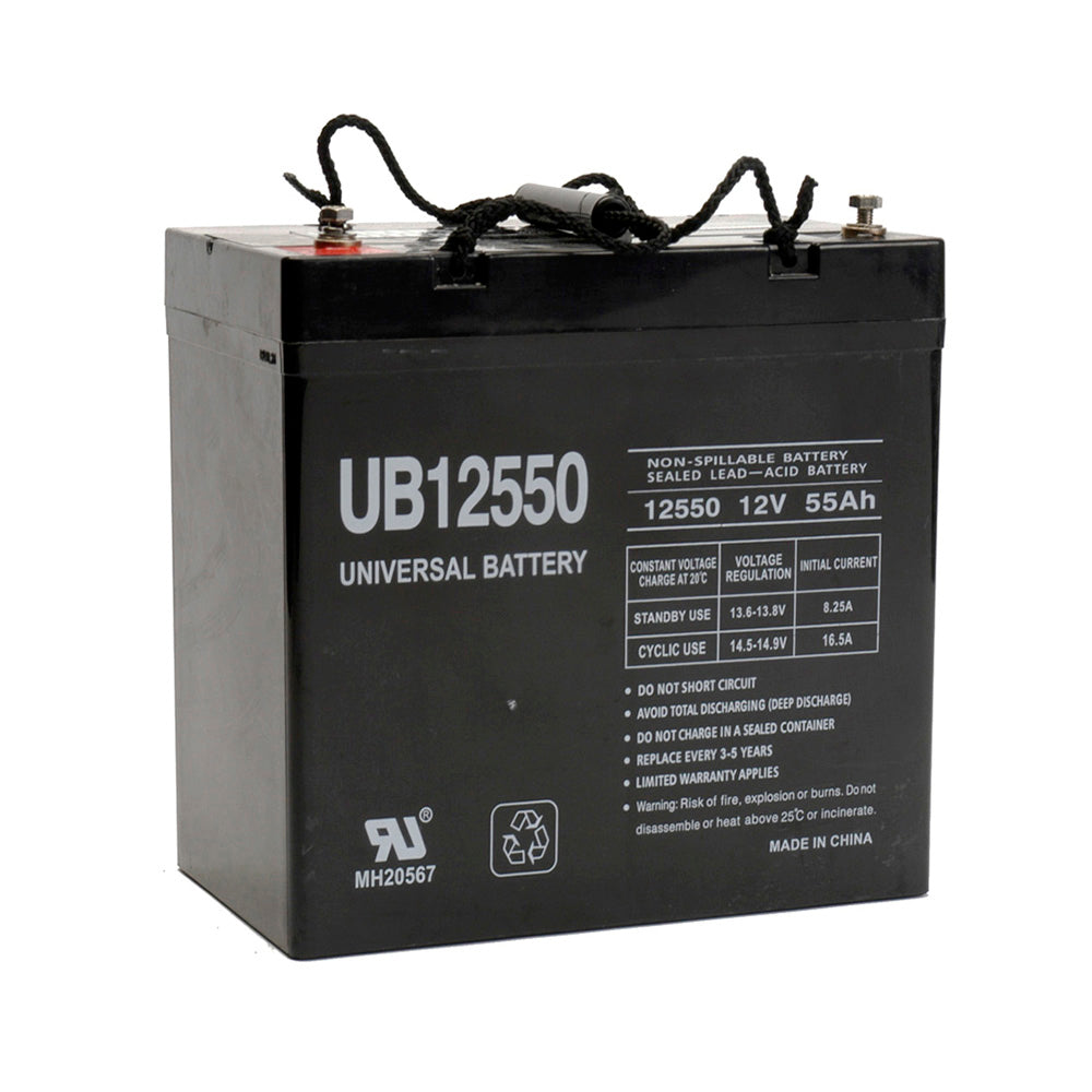 22NF (55 Ah) 12 Volt UB12550 AGM Mobility Scooter & Power Chair Battery with Screw Terminals, featuring black wires and visible screw terminals, ideal for large mobility scooters and power chairs.