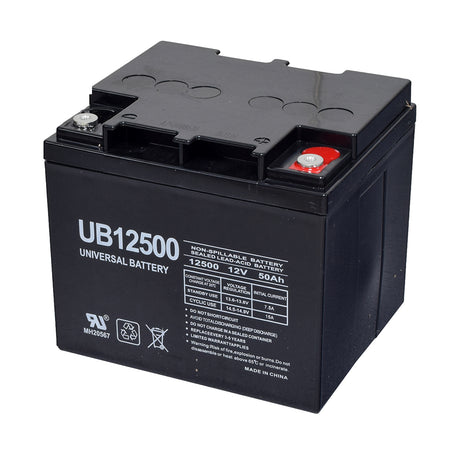 50 Ah (45 Ah Upgrade) 12 Volt UB12500 AGM Mobility Scooter & Power Chair Battery, black with white text, featuring a red and silver screw terminal for additional height clearance options.