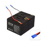 12 Ah 24 Volt UB12120 AGM Battery Pack for TaoTao Electric ATVs and Dirt Bikes, showing a black battery with red and blue wires attached.