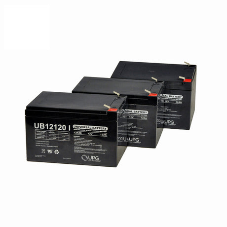 12 Ah 36 Volt UB12120 AGM Battery Pack for TaoTao Electric ATVs shown as a group of black batteries with white text and red lids.