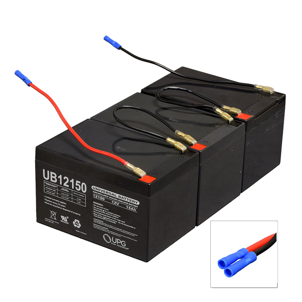 36 Volt Battery Pack for the MotoTec Maverick Electric Go-Kart featuring three black batteries with red and blue wires, pre-wired with the correct harness for easy installation.