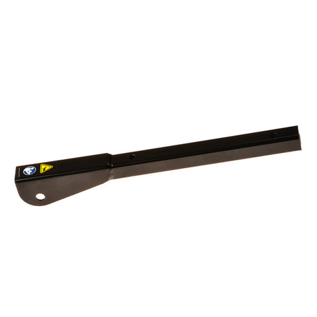 Upper Armrest Frame for Pride Scooters, a black metal bar with a yellow sign and a black rectangular section featuring a hole, compatible with most Pride scooters with standard seating.