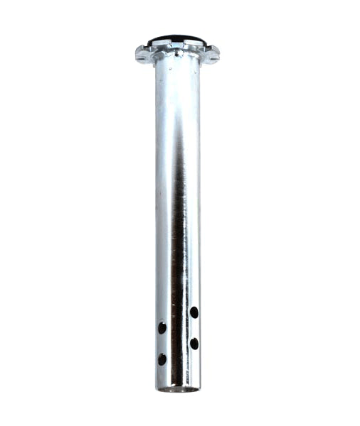 8-Position Upper Seat Post for Go-Go Travel Mobility Scooters, featuring a polished chrome cylinder with multiple holes and notches for adjustable seating and height positions.