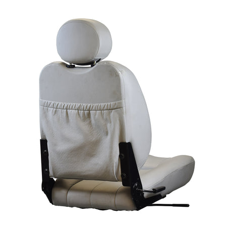 18X18 Hi-Back Deluxe Contour Vinyl Seat Assembly for Pride Scooters and Jazzy Power Chairs (Used), featuring a white, cushioned seat with headrest and adjustable hinges, shown in close-up.