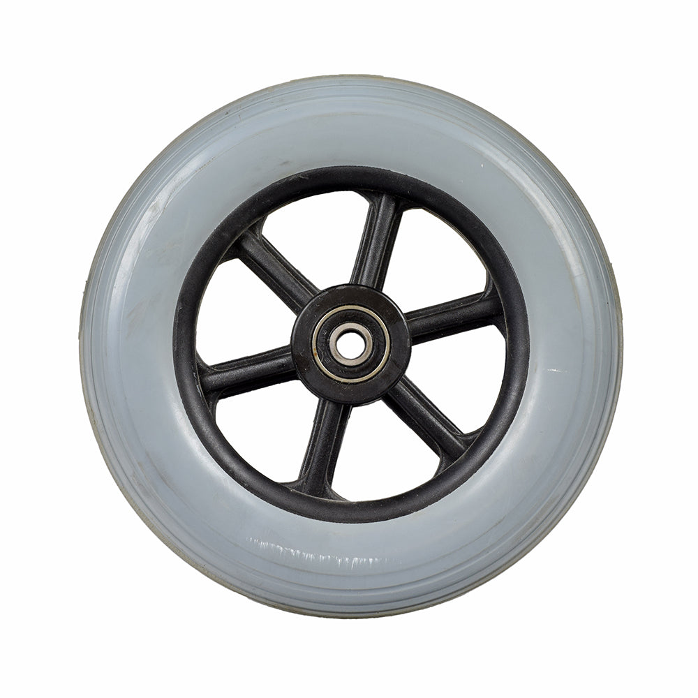 6 Front Anti-Tip Wheel Assembly for Jazzy, Jet, and Quantum Power Chairs (Used), featuring a black rim and spokes, complete with a solid urethane tire and 608ZZ bearings.