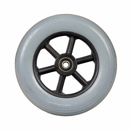 6 Front Anti-Tip Wheel Assembly for Jazzy, Jet, and Quantum Power Chairs (Used), featuring a black rim and spokes, complete with a solid urethane tire and 608ZZ bearings.