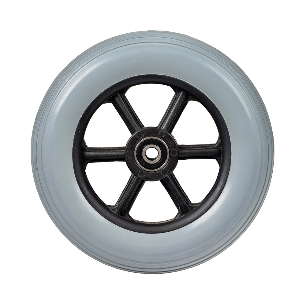 6 Front Anti-Tip Wheel Assembly for Jazzy, Jet, and Quantum Power Chairs (Used), featuring a black rim and solid urethane tire, shown in a close-up view highlighting black spokes and metal hub.